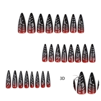 Ongles à presser longs en PMMA, forme amande, effet 3D tourbillonnant, dégradé noir et rouge, design gothique personnalisable pour Halloween effrayant