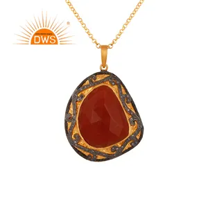 Red Onyx Gemstone Diamond Set Pendant Designer Silver Gold Plated Chunky Pendant Necklace Jewelry Supplier