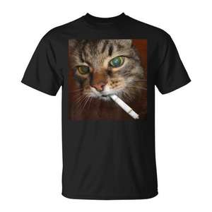 Camiseta con estampado de gato fumando un cigarrillo, camiseta gráfica de algodón negra unisex para adultos - Product Image 1