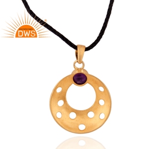 Conjunto de piedras preciosas de amatista, joyería colgante, venta al por mayor, colgante hueco de plata chapado en oro de 18 quilates, collar de cordón negro, Colección Vintage - Product Image 2