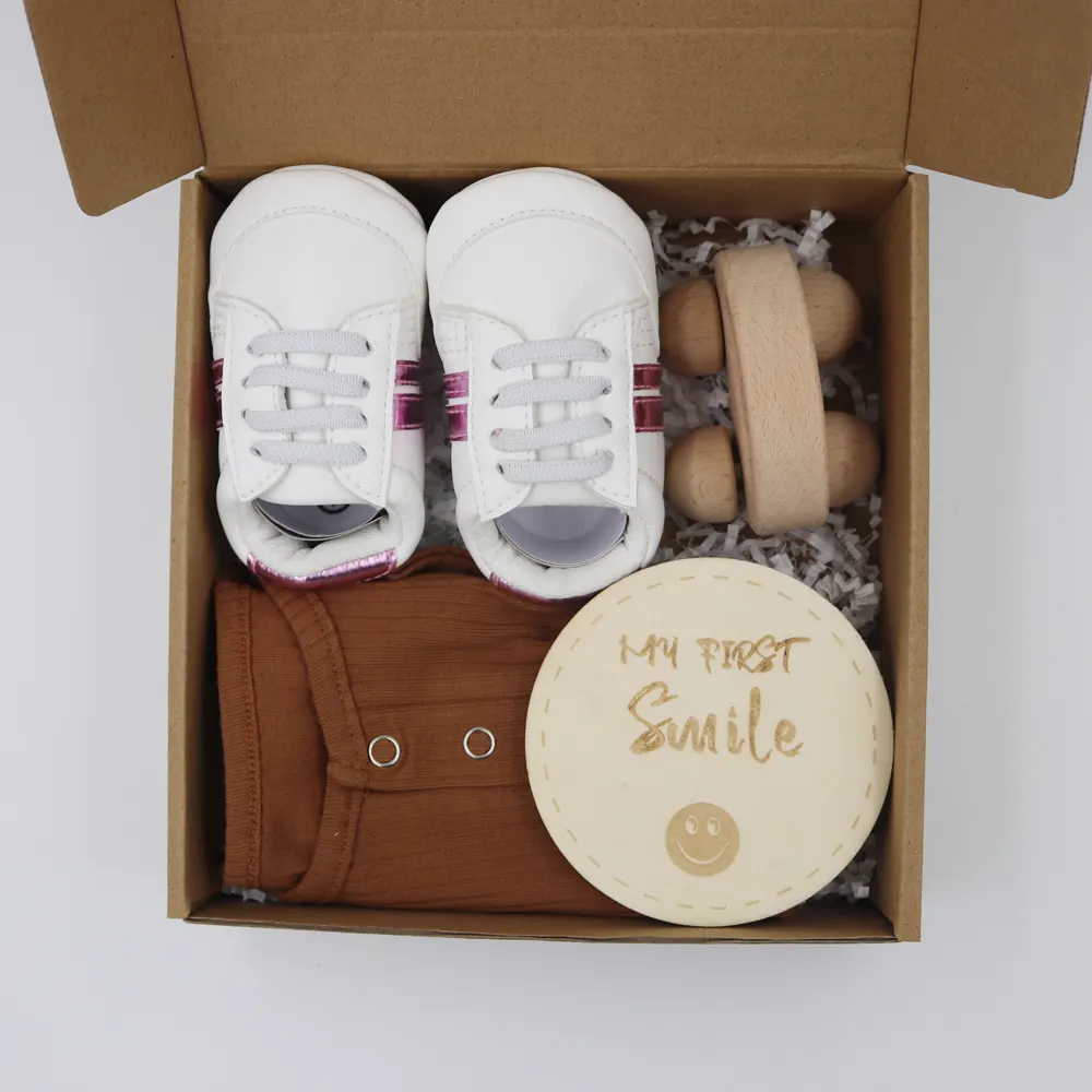My first step baby pu leather shoes gift set prewalker car teether sensory toy toddler romper newborn gift set