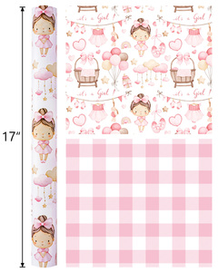 Papel de regalo original para baby shower, diseño de nubes rosas, conejito, cuna y lazo, para regalo de bebé - Product Image 6