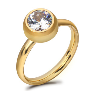 Women's Gold Steel Round Bezel Set <b>Crystal</b> Ring Geometric Fashion Jewelry Gift - Product Image 1