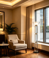 Lampadaire LED moderne et minimaliste, design colonne en verre empilé transparent, noir, E27, hauteur réglable, haute luminosité pour salon