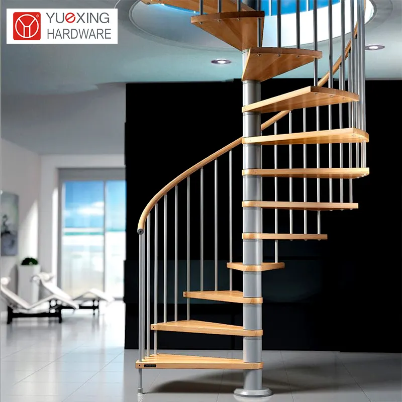 Escalera espiral de paso de vidrio comercial para villa, escalera helicoidal de pisada de madera para interior, fácil de instalar