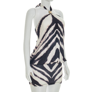 Viviblook J26DS100 Robes d'été pour femmes Nouvelle robe moulante mini sexy à imprimé zèbre sans manches dos nu - Product Image 2