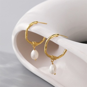 <b>Fine</b> 18k Gold Plated <b>Earrings</b> Freshwater Pearl <b>Stud</b> <b>Earring</b> Stainless Steel c Shape <b>Earrings</b> Women - Product Image 6