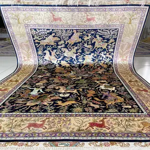 Тёмно-синий подвесной гобелен с ручным плетением 4 'x 6' для королевская охоты, персидский охотничий дизайн, шелковые Коврики ручной работы