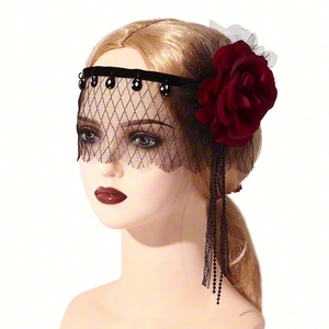 Hstyle <b>Black</b> Elegant Lace Veil Headdress Headband with <b>Rose</b> Party Half Face Death Costume Veil Sexy Eye Veil for Halloween Party - Product Image 6