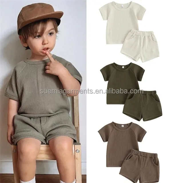 Toddler Kids 2pcs Solid Short Sleeve T-shirt Elastic Waist Shorts Summer Boys Clothes Set