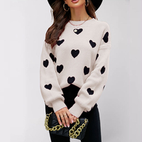 Expédition rapide Nouveauté 2026 Pull en maille pour femme, motif cœur mignon, manches longues, col rond, décontracté, grande taille, pour la Saint-Valentin
