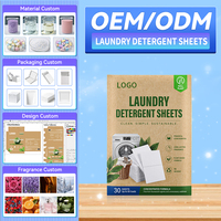 Feuilles de lessive OEM/ODM à faible mousse, formule douce, écologiques, parfum personnalisé, 30 feuilles, dissolution rapide, sans plastique