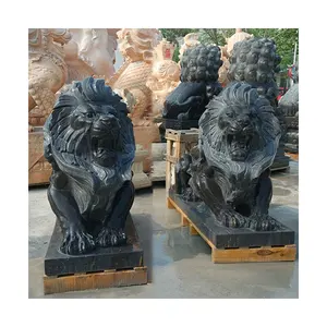Patung singa duduk marmer hitam ukiran tangan besar, patung pahat Modern untuk dekorasi taman luar ruangan