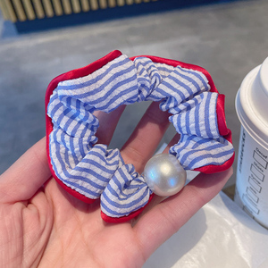 Chouchous élastiques en tissu rayé bleu bords rouges pour femmes et filles retour à l'école accessoires de <span class=keywords><strong>cheveux</strong></span> en gros - Product Image 5