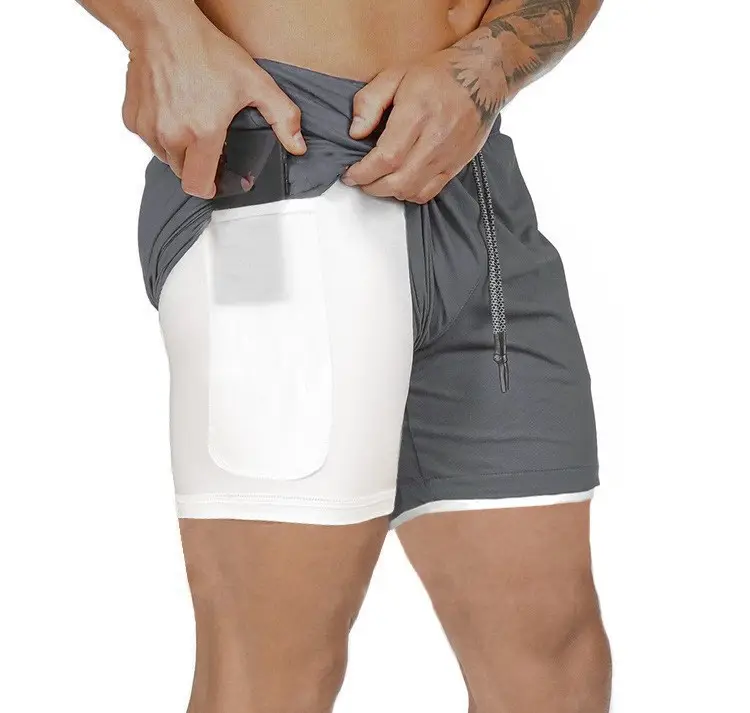 Мужские быстросохнущие спортивные шорты 2 в 1 для тренировок с карманами для телефона