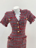 Robe Courte Mini en Tricot Slim Fit pour Femme, Style Français 2026, avec Boutons Strass, Col en V, Manches Courtes et Pompons en Tweed
