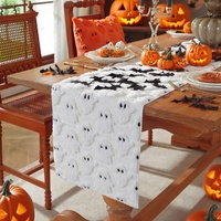 Drapeau de table rectangulaire Manju Halloween Petit Fantôme en fibre de polyester PV, broderie tridimensionnelle durable, décoration noir et blanc