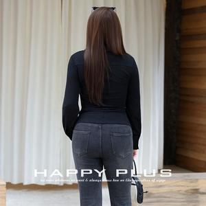 Blusa de punto de manga larga con cuello drapeado y corte ajustado para mujer, talla grande, color negro liso, de algodón - Product Image 3