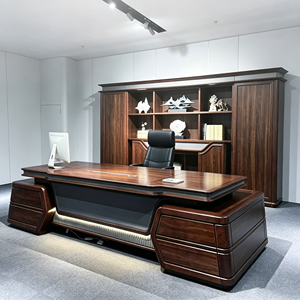 <span class=keywords><strong>Scrivania</strong></span> Direzionale di Lusso in Pelle e Legno con Cassetti Portaoggetti, Armadietto e Libreria, Arredamento Ufficio Moderno - Product Image 4
