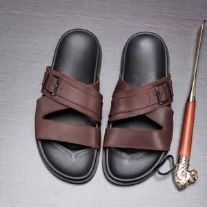 Summer Genuine Leather men's shoes Open Toe Anti-Slip EVA Outsole Casual flat Sandals Brown Buckle Design Men's Slides <b>Slippers</b> - Product Image 2