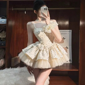 Sweet Polka Dot Mesh Tulle Dress Strapless Ruffles Natural Waistline Translucent Summer Club Dress - Product Image 1