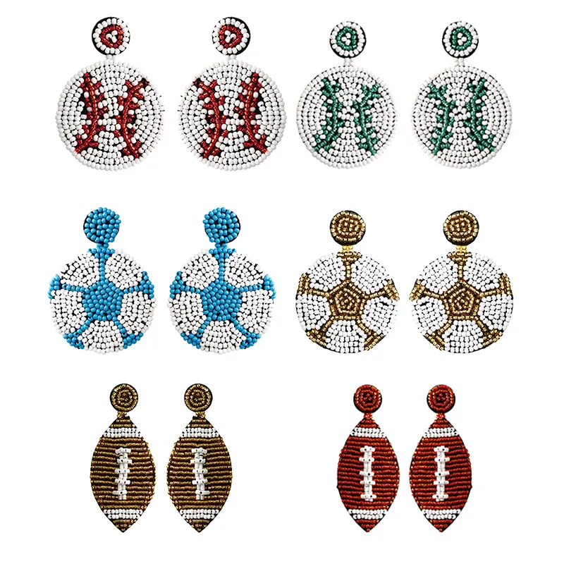 2022 Ear Jewelry Drop Stud orecchini sportivi con perline fatti a mano basket Softball Football Baseball Sequin Seed Bead orecchino sportivo