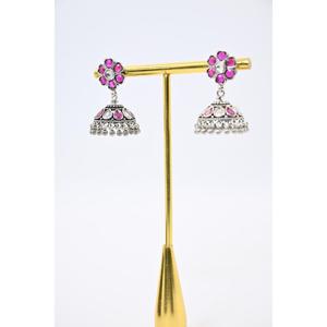 Boucles d'oreilles pendantes Jhumki oxydées, forme personnalisée, strass roses, sertissage clos vintage, bijoux ethniques de mariage pour femme - Product Image 1