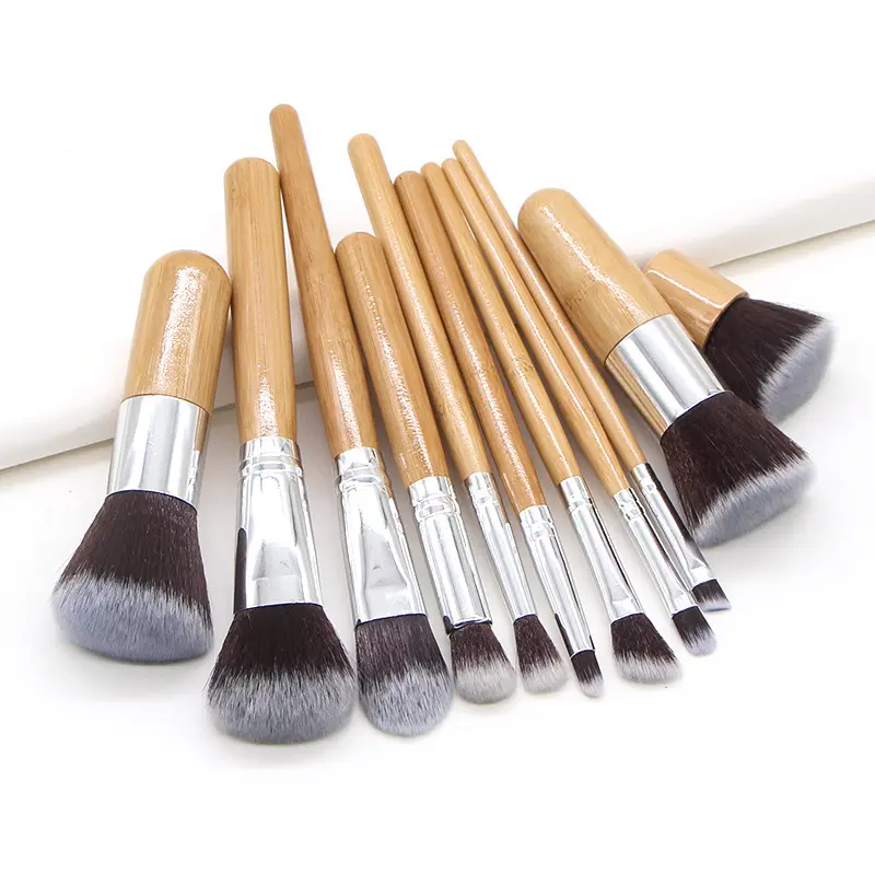 Amazon Popular Hot Sell 11pcs Private Label Professional Bamboo Handle Makeup Brushes Set Bamboo Makeup Brushes with Cotton Bag