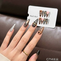 Faux ongles à presser faits main C714, forme amande, à coller, imprimé léopard rose gris métallisé, style européen pour femmes