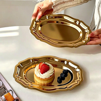 Plateau de service ovale en acier inoxydable doré, bord festonné, électroplaqué, pour desserts, thé de l'après-midi, café, petit-déjeuner, présentation
