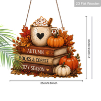 Thème d'automne, livres et café, citrouilles, symboles de feuilles d'érable, panneaux décoratifs en bois, saison chaleureuse, décorations de porche