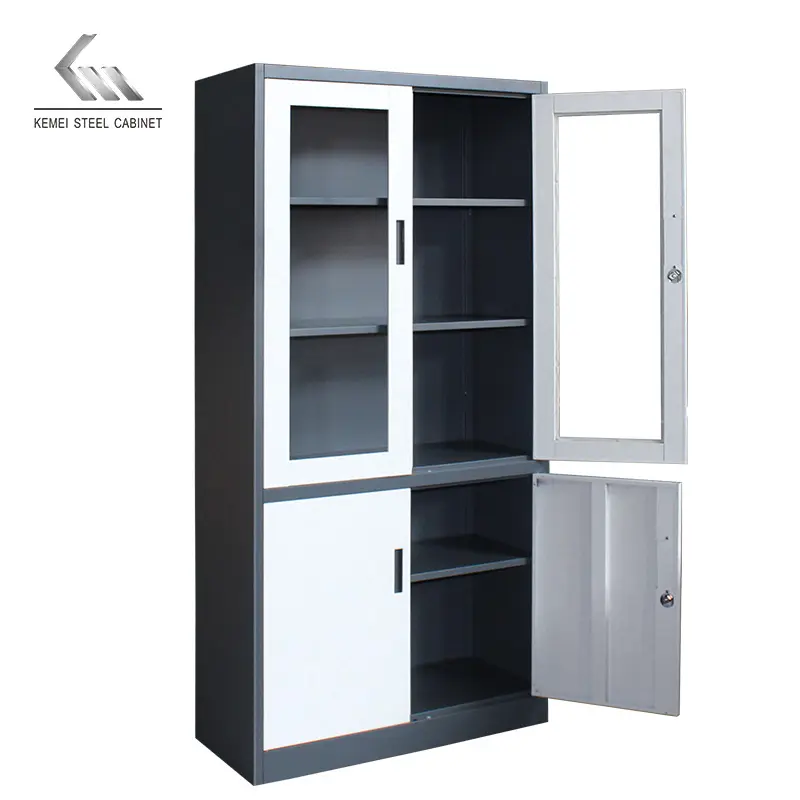 Gabinete de vidrio personalizado de 4 puertas, muebles de Gabinete de acero, gabinetes de llenado con mango de plástico negro