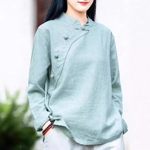 Women's Cotton Linen Stand Collar Long Sleeve Blouse Breathable Retro Chinese Style Tea Dress Shirt Spring Autumn Wear - Product Image 1