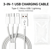 Câble de charge rapide 120W 3 en 1, cordon de charge USB tressé Macaron pour appareils iOS et Android