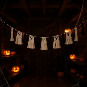 Ghirlanda di fantasmi Boho per Halloween con nappe, striscione in macramè bianco e nero, decorazione fantasma da appendere per forniture festive - Product Image 2