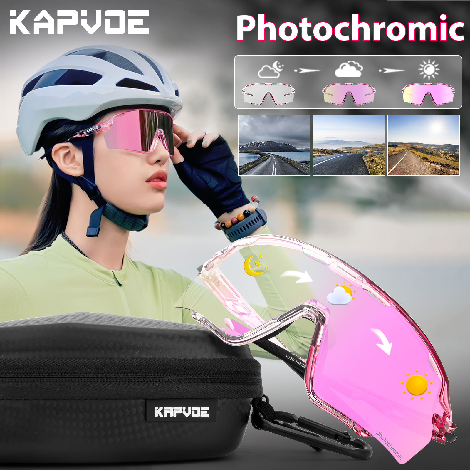 KAPVOE Sport Sunglasses Top Quality Uv 400 Sport Photochromic Lens Sunglasses Photochromic pink Frame