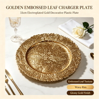 Assiette de présentation en plastique doré électrolytique de luxe, motif feuille en relief, pour mariage, hôtel, banquet, décoration de table