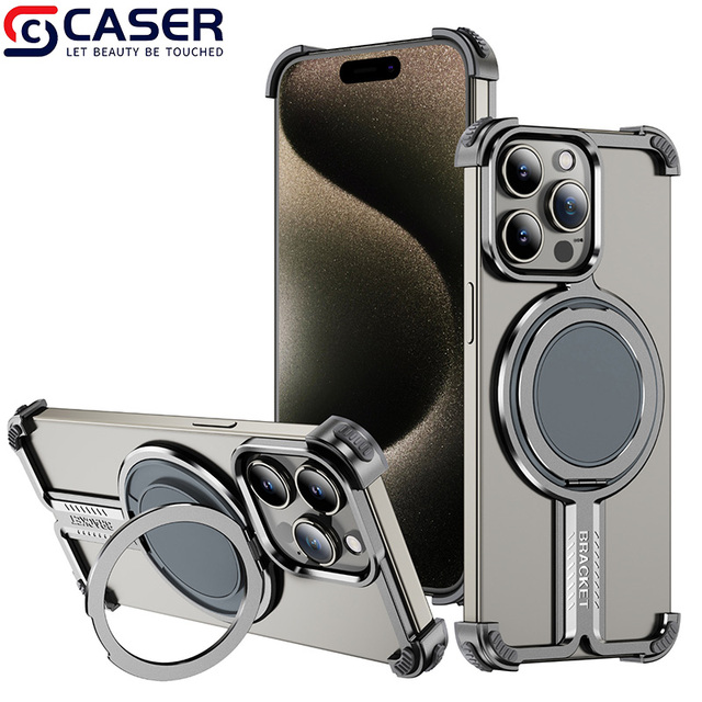 Frameless Titanium Metal Magnetic Phone Case With 360 Rotation Kick Stand for Iphone17 16 14 Pro 14 Pro Max 15 Pro Max