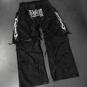 Men's Black Distressed Embroidered Wide-Leg Jeans, Oversized Gothic-Style Denim <b>Pants</b> with Fringe & Graphic Details - Product Image 1