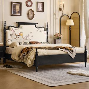 Vintage Style Solid Wood <b>Poster</b> Bed 1.8m King Size Hand Carved Embroidered Headboard Bedroom Furniture - Product Image 1