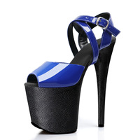 Chaussures de pole dance bleues brillantes à plateforme épaisse de 20 cm (8 pouces), talons hauts confortables et durables, sandales de danse sexy pour femmes