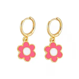 Gemnel favorite girls design pink & White enamel daisy charm suitable size hoop earring