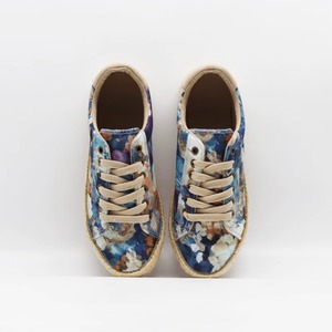 Floral Print <b>Canvas</b> Low-Top Sneakers with Jute Woven <b>Espadrille</b> Sole, Lace-Up - Bohemian Summer Casual Footwear for Women - Product Image 1