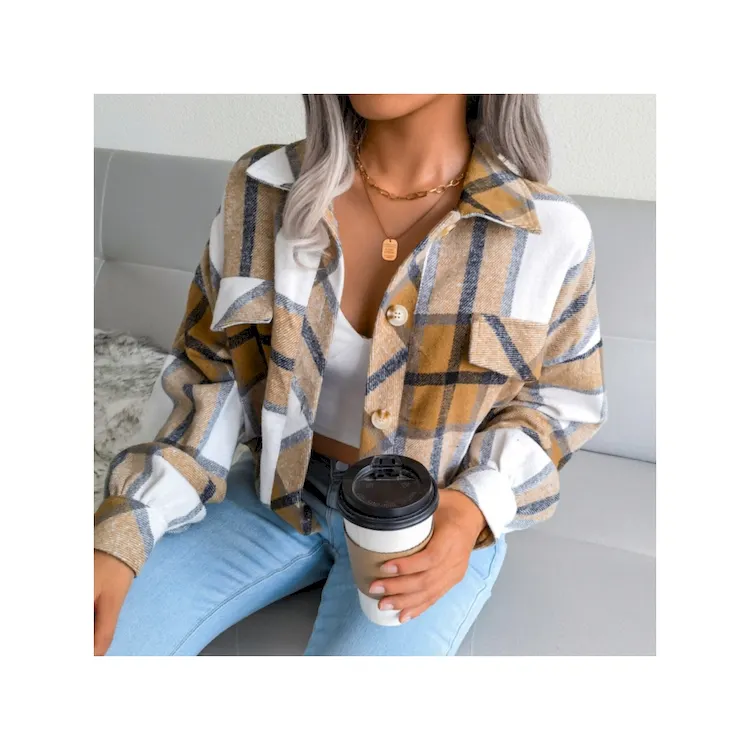High Quality Hot Selling Fashion Ladies Lantern Sleeve Jacket Plaid Casual Personality Western Comfortable Women's Wool Coat