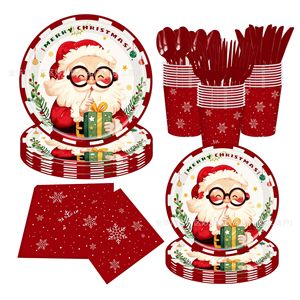 Kit de fournitures de fête jetables pour Noël du Père Noël : assiettes, gobelets, serviettes, couverts pour les célébrations de fin d'année - Product Image 1