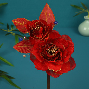 24 nouvelles pinces à cheveux et coiffes Hanfu originales, faites à la main, ornées d'éléments dorés, motif pivoine rouge foncé - Product Image 3