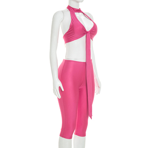 Viviblook J26ST290 Women <b>Sexy</b> Sleeveless <b>Set</b> Halter Strapless Hollow Out Twisted Ribbon Crop Top Cropped Pant Two Piece <b>Set</b> - Product Image 3