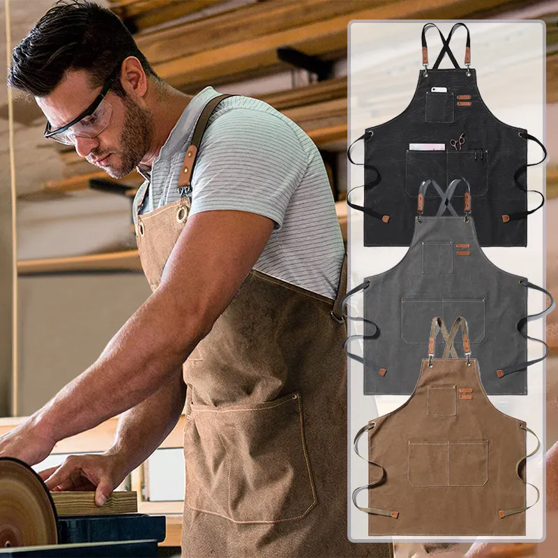 Avental de cozinha com alça de couro, avental de cozinha com logotipo personalizado para churrasco, salão de beleza, barista, café, loja, padaria, lona, chef