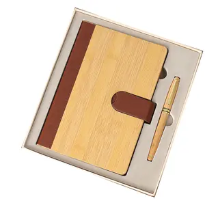 2023 Men Top quality promotional gift A5 elastic band business gift Bamboo notebook set with pen gift box