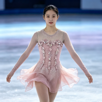Robe de patinage artistique rose à manches longues, dos en maille transparente, jupe en mousseline ornée de strass, costume de performance pour compétition de patinage, sur mesure